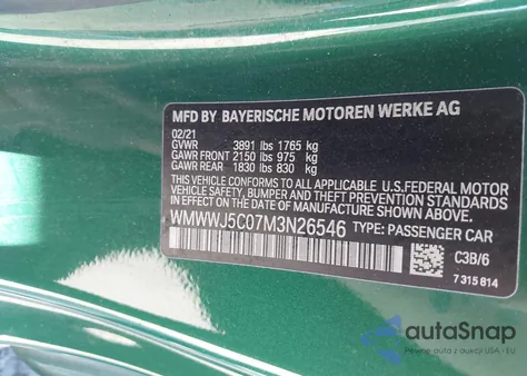 2021 Mini Convertible Cooper S z USA, uszkodzony, nr VIN WMWWJ5C07M3N26546